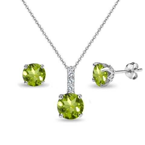 B. BRILLIANT Sterling Silver Peridot &amp; White Topaz Round Crown Stud Earrings &amp; Necklace Jewelry Set for Women
