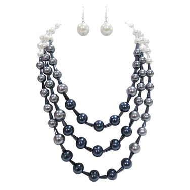 Rosemarie &amp; Jubalee Women's Stunning Multi Strand Ombre Simulated Pearl And Crystal Necklace Earrings Jewelry Set, 18"+3" Extender (Blue White Pearl Silver Tone)