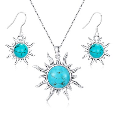 Genuine Sun Turquoise Jewelry Set for Women, Sterling Silver Native American Neckace and Dangle Earings Western Jewelry Birthdays Gift