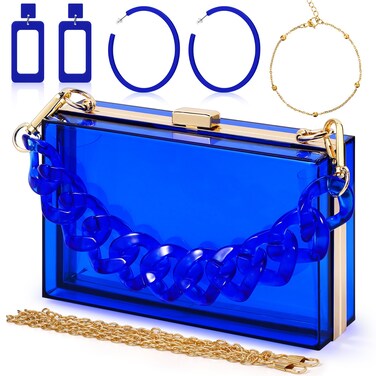 4 Pcs Women Acrylic Purse Clear Clutch Evening Bag Neon Vintage Handbag Retro Earring Bracelet Jewelry Set Valentines Gift(Blue)