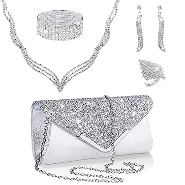 Zhixifan 5 Pcs Silver Jewelry Set for Prom, Rhinestone Clutch Purse, Earrings and Necklace Set, for Wedding, Evening Party