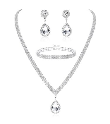 CASSIECA Silver Bridal Jewelry Set Rhinestone Necklace Bracelet Dangle Earrings for Bride Bridesmaid Teardrop Pendant Crystal Wedding Prom Jewelry Accessories for Women