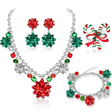 Christmas Bow Jewelry Set Necklace Earrings Jewelry Set with Brooch Pin Jingle Bells Bow Pendant Charm Bracelet (Classic Color,Stylish Style)