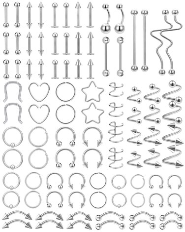 ZS 94-100PCS Stainless Steel Nose Horseshoe Septum Lip Eyebrow Tragus Body Piercing Nipple Belly Ring Industrial Barbells 14G 16G 20G Piercing Jewelry Set (94pcs Silver)