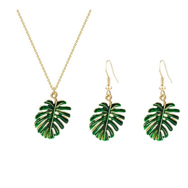 Green Enamel Monstera Leaves Drop Earrings Necklace Set Tropical Palm Tree Leaf Jewelry for Summer (green enamel)