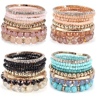 MILACOLATO 4 Sets Boho Bracelets for Women Multi-Color Layered Stackable Natural Beaded Bracelets Adjustable Stretch Bohemian Bracelets 4 pcs