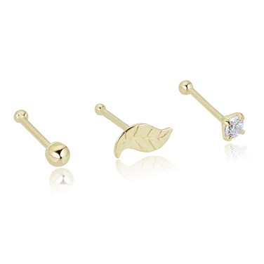 AVORA 14K Yellow Gold Simulated Diamond CZ Nose Stud Set Body Jewelry (22 Gauge)