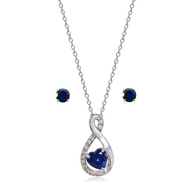 Lovve Sterling Silver Created Blue Sapphire &amp; White Topaz Infinity Heart Necklace Earrings Set