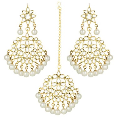 I Jewels 18k Gold Plated Indian Wedding Bollywood Pearl &amp; Kundan Maang Tikka With Earring Set (TE7058W)