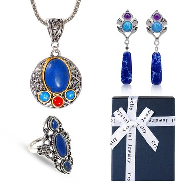 Soulnioi Openwork Carved Lapis Lazuli Ring, Amethyst Lapis Swing Earrings, Flower Colored Opal Lapis Lazuli Pendant Necklace, Spritual Healing Jewellery Gifts for Women