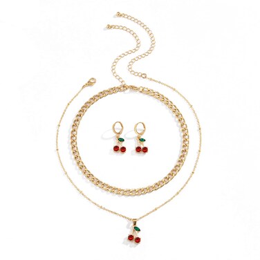 WCRAZYE Red Cherry Fruit Necklace Earring Sets for Women Cute Sweet Cherry Pendant Necklaces Gold Plated Cherry Necklace Dainty Cherry Fashion Necklace (Gold)