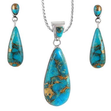 Sterling Silver and Genuine Turquoise Necklace &amp; Earrings Matching Set (Double Drops)
