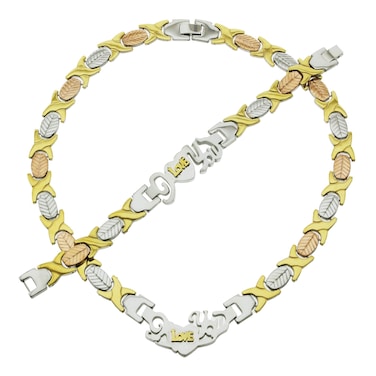 Bling Bling NY Women's ANTI-TARNISH Hugs And Kisses XOXO Necklace Bracelet Leaf Design I Love You Nameplate Jewelry Set Multi Color (Gold, Silver, Tri Colored) (3-Tone)