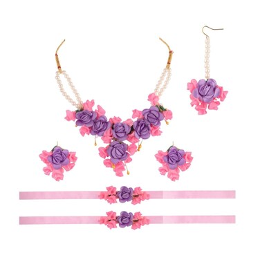 Efulgenz Floral Indian Jewelry Set Flower Floral Beaded Faux Pearl Necklace Earrings Maang Tikka Bracelet Set Jewelry for Haldi Mehandi Jewelry