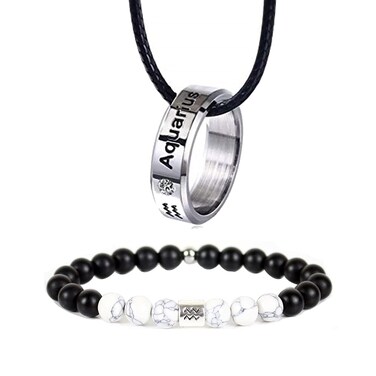 Aquarius Zodiac Constellation Ring Necklace for Women Men Horoscope Black White Turquoise Beaded Bracelet Necklace Birthday Gift Jewelry