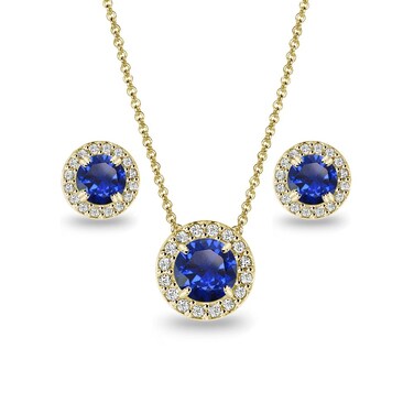 B. BRILLIANT Yellow Gold Flashed Sterling Silver Created Blue Sapphire Round Halo Necklace &amp; Earrings Jewelry Set for Women