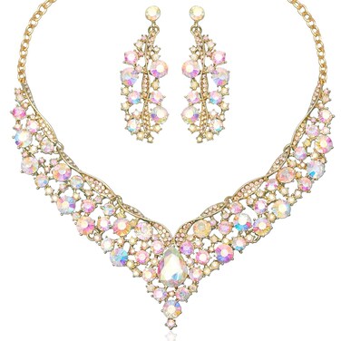 chaoyite Elegant Austrian Crystal V-Shaped Statement Necklace Earrings Set Bridal Wedding Prom Costume Jewelry For Bride Bridesmaid (AB crystal)
