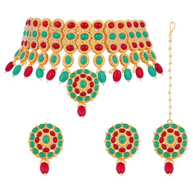 I Jewels Indian Bollywood Style Gold Plated Bridal Pearl Choker Necklace Set with Maang Tikka (M4127RG)