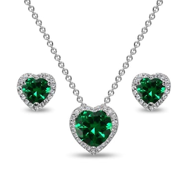 Necklaces and Earrings for Valentines Day Jewelry Sets for Women Sterling Silver Halo Heart Simulated Emerald Pendant Necklace &amp; Stud Earrings