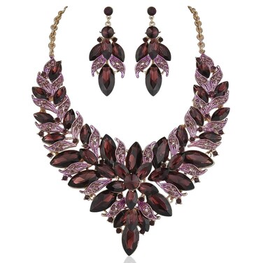 Janefashions Luxury Austrian Rhinestone Statement Bib Necklace Earrings Set N957 Gold Plated (Purple)