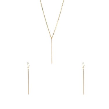 Just Follow Vertical Bar Pendant Necklace Earrings Set Simple Long Chain Minimalist Dangle Earrings for Women Pendant (Gold)