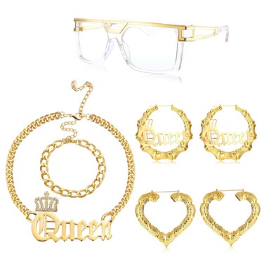 HAIAISO 80s/90s Hip Hop Queen Costume Kit for Women Sunglasses Bamboo Hoop Earrings Chunky Queen Pendant Cuban Chain Necklace Bracelet Rapper DJ Accessories Set(Bamboo set)