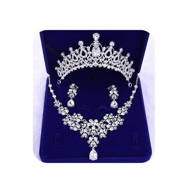 Elegant Rhinestone Tiaras Crown for Women, Queen Crown Jewelry Set Necklace Earring Princess Quinceanera Wedding Birthday Prom Pageant Party Ceremony Photo Props (Silver-2) (Cubic Zirconia-1)