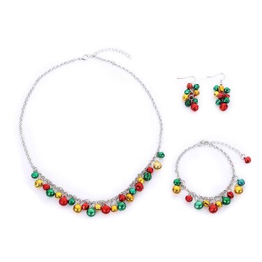Candy Color Christmas Jingle Bell Cute Ornament Chain Dangle Drop Earrings Dainty Bracelets Necklaces for Women Stocking Stuffers Hypoallergenic Party Gifts for Daughter Set (Small Bell)