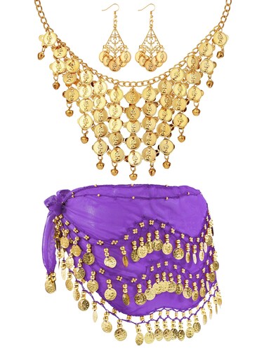 Hicarer Women Belly Dance Gypsy, Gold Hip Skirt Scarf Wrap Belt, Gold Necklace and Earrings Jewelry for Cosplay (Purple)