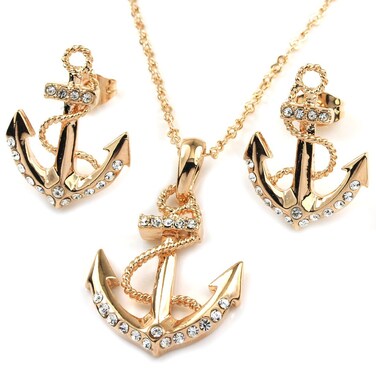 FC JORY Rose Gold Plated Crystal Diamante Anchor Necklace Earrings Studs Jewelry Set