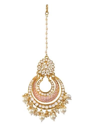 Crunchy Fashion Traditional Kundan Work Pink Chandbali Design Heavy Manng Tika With White Pearl for women