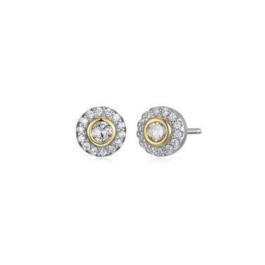MORGAN &amp; PAIGE 18K Gold Plated .925 Sterling Silver Cubic Zirconia Two Tone Round Halo Stud Earrings