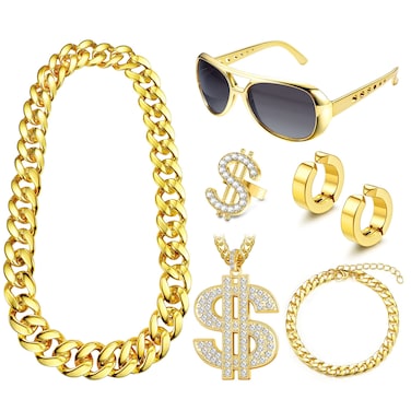 THUNARAZ 80s 90s Hip Hop Costumes Outfit,Fake Gold Chain Bracelet Money Chain DJ Punk Sunglasses Clip on Earrings Finger Ring Dollar Sign Pendant Necklace for Men Women Rapper Accessories Style A