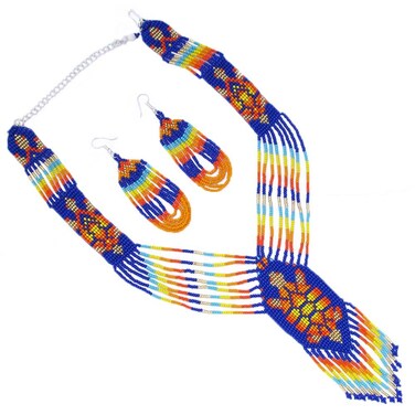 FASHION JEWELRY TURTLE BLUE ORANGE BEADED LARIAT NECKLACE EARRINGS SET S54/4