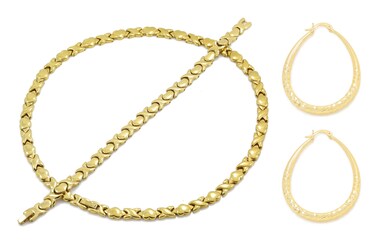 Bling Bling NY Womens Gold Finish Hugs &amp; Kisses Necklace Bracelet Set with Oval Hoop Earring (Necklace 18'', Bracelet 7.5'' &amp; Earring Set)