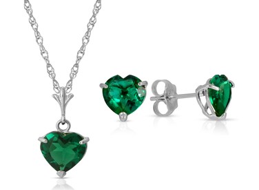 Galaxy Gold GG 14K 18" Solid White Gold Lab Grown Heart Emerald Necklace and Earring Set Grade AAA
