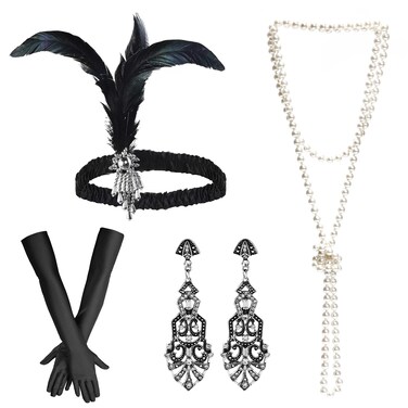 iHUFeather Women 1920s Flapper Set with Feather Headband Beaded Necklaces Earrings Black Gloves for Great Vintage Wedding Costume Accessories