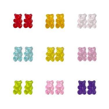 GBAHFY 8 Pcs Colorful Resin Gummy Bear Pendant Necklace Cute Transparent Rainbow Candy Color Bear Chain Necklaces Accessories Lovely Animal Punk Party Jewelry for Women Gifts (9 Piars Ear Studs)