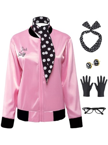 FORTMAC 1950s Pink Satin Jacket,50s Costumes for Women Ladies Jacket with Polka Dot Scarf Headband and Earrings Halloween S