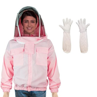 Luwint Women Beekeeping Jacket with Gloves, S-M Thin Ventilated Beekeeper Jacket Pink Bee Suit with Detachable Self-Supporting Veil