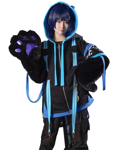 Cosplay.fm Women Hoodie with Detachable Paw Sleeves Bag Hooded Zipper Sweatshirt with Furry Paw Gloves (Black and blue, L-XL)