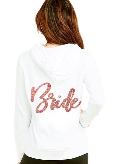 RhinestoneSash Bride Honeymoon Zip Up Sweatshirt - Bold Glam Rose Gold Glitter Bride Lightweight Hoodie - Spa Party Bridal Shower, Engagement Gift - X-Large - White Hoodie(RG GlmBrd) XL