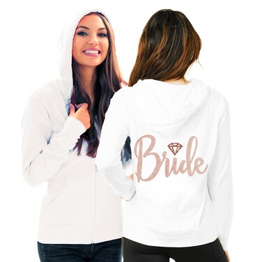 Bride Sweatshirt Zip Up - BRIDE with Diamond Motif Rose Gold Light Weight Hoodie - Bridal Shower Bachelorette Party - Medium - White Hood(DiamBrd RsG) Wht/Med