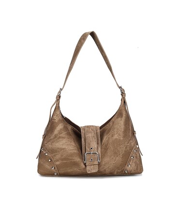 Sweetovo Hobo Bags for Women Retro Rivet Shoulder Handbag Vegan Leather Underarm Purse (Light Brown)