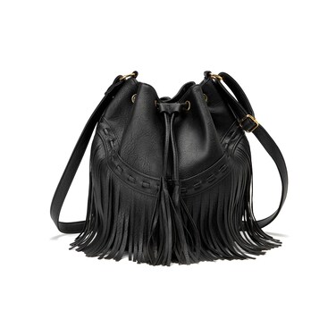 Leather Bucket Bags for Women Crossbody Fringe Purses with Drawstring Ladies Tassel Hobo and Shoulder Handbags Black