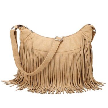Sunwel Fashion Women Fringe Hobo Bag Western Purse Shoulder Bag Vegan Suede Tassel Hippie Crossbody Bag (Beige)