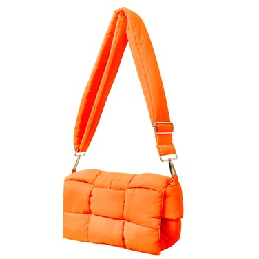 Women's shoulder bag puffer cassette purse hand woven down fabric cotton padded handbag (Orange)
