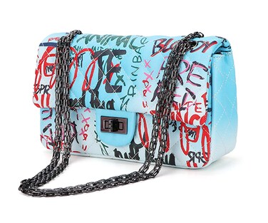 Wxnow Crossbody Handbag Purse for Women Fashion Leater Lightweight Shoulder Bag Clutch Wallet Square Bag with Chain Blue Graffiti