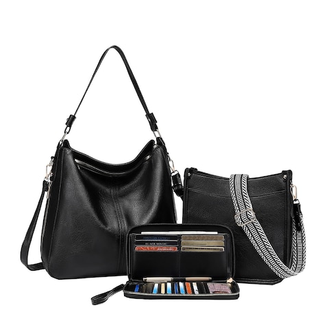 Purses for Women 3PCS, Crossbody Bags Set Large Leather Purse Shoulder Handbags with Wallet Adjustable Straps for Ladies Tote, Black