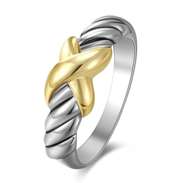 POWNOOL Chunky Band Rings for Women 2 Tone Intertwined Crossover Statement Ring, Cable Wire Twine Twisted Wide Index Finger Gold and Silver Ring Fashion Costume Jewelry Gifts for Her (X Knot Cable, 7)